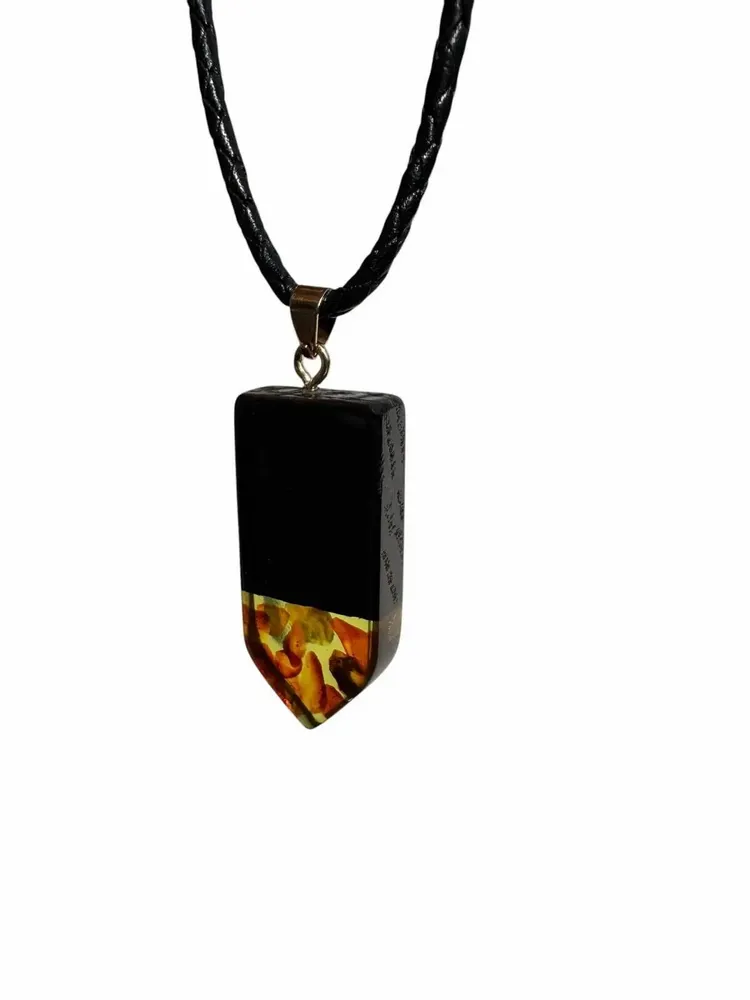 Jewelry - Bog Oak & Baltic Amber Pendant – Rectangle, 45x20x6 mm – olive resin - GLASS4CANDLES