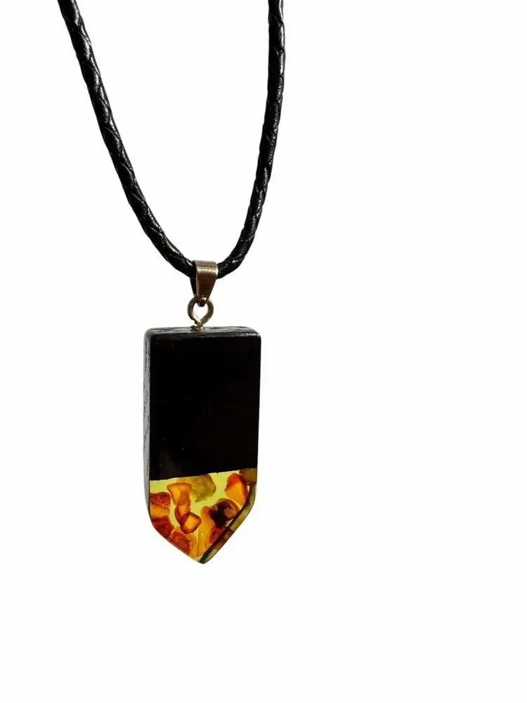 Jewelry - Bog Oak & Baltic Amber Pendant – Rectangle, 45x20x6 mm – olive resin - GLASS4CANDLES