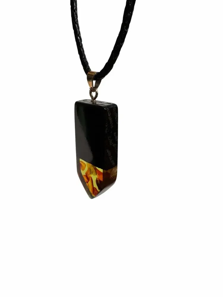 Jewelry - Bog Oak & Baltic Amber Pendant – Rectangle, 45x20x6 mm – olive resin - GLASS4CANDLES