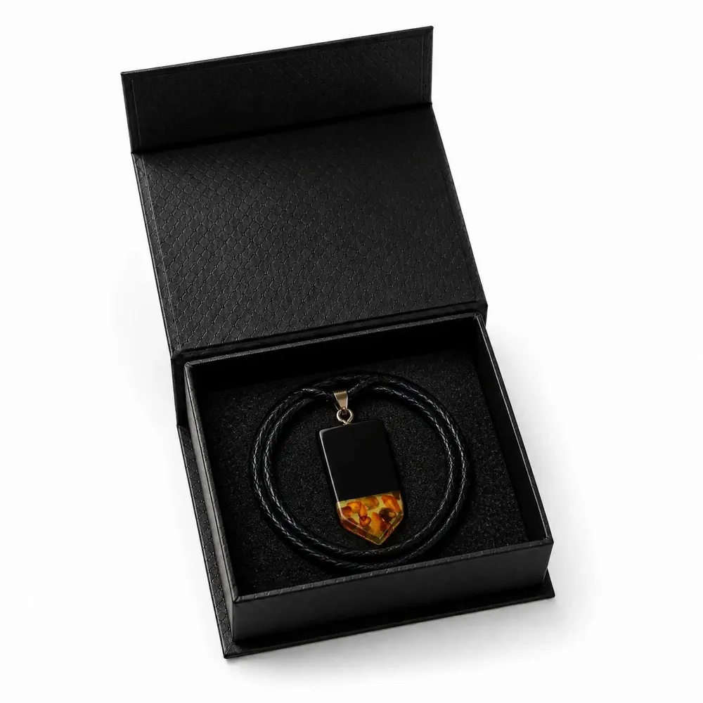 Jewelry - Bog Oak & Baltic Amber Pendant – Rectangle, 45x20x6 mm – olive resin - GLASS4CANDLES