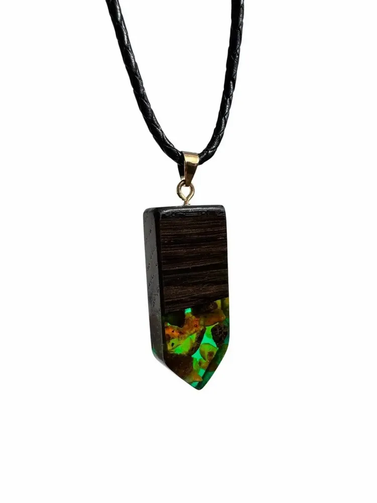 Jewelry - Bog Oak & Amber Pendant – Rectangle, 45x20x6 mm – sapphire resin - GLASS4CANDLES
