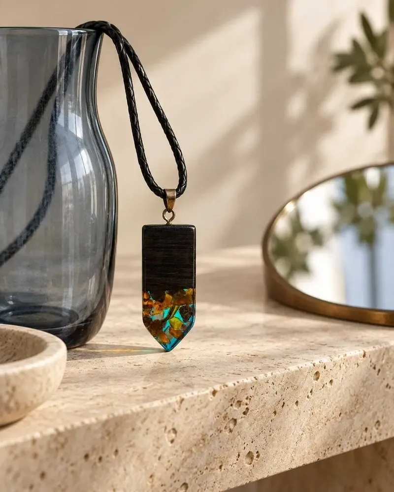 Jewelry - Bog Oak & Amber Pendant – Rectangle, 45x20x6 mm – sapphire resin - GLASS4CANDLES