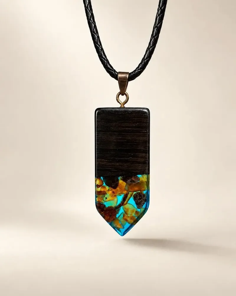Jewelry - Bog Oak & Amber Pendant – Rectangle, 45x20x6 mm – sapphire resin - GLASS4CANDLES