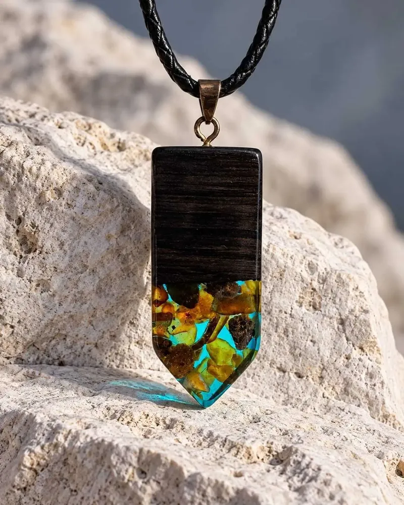 Jewelry - Bog Oak & Amber Pendant – Rectangle, 45x20x6 mm – sapphire resin - GLASS4CANDLES