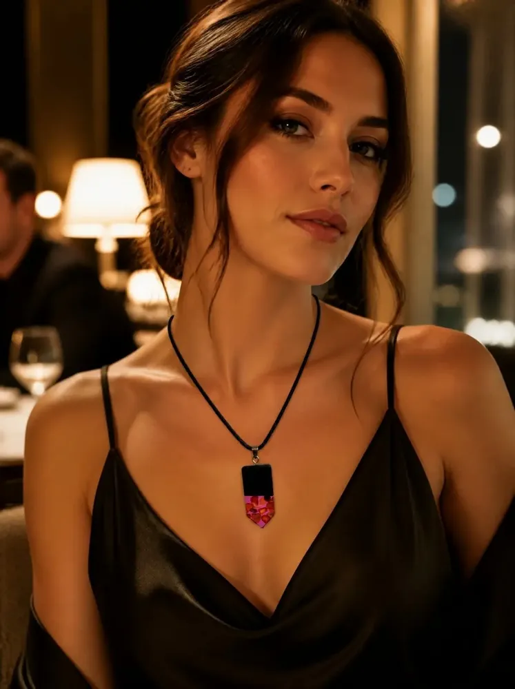 Bijoux - Pendentif en chêne noir et ambre – rectangle – résine fuchsia - GLASS4CANDLES
