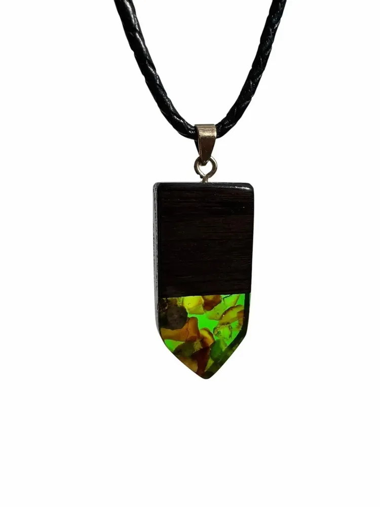 Jewelry - Bog Oak & Baltic Amber Pendant – Rectangle, 45x20x6 mm – green resin - GLASS4CANDLES