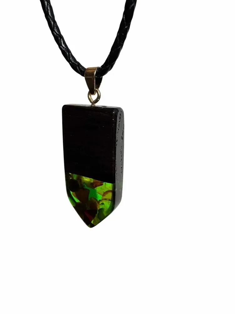 Jewelry - Bog Oak & Baltic Amber Pendant – Rectangle, 45x20x6 mm – green resin - GLASS4CANDLES
