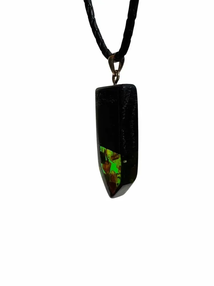 Jewelry - Bog Oak & Baltic Amber Pendant – Rectangle, 45x20x6 mm – green resin - GLASS4CANDLES