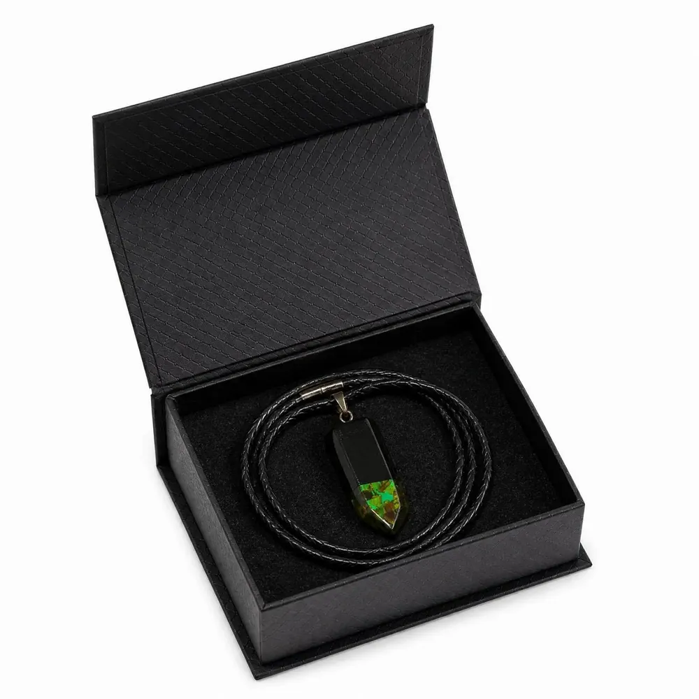 Jewelry - Bog Oak & Baltic Amber Pendant – Rectangle, 45x20x6 mm – green resin - GLASS4CANDLES