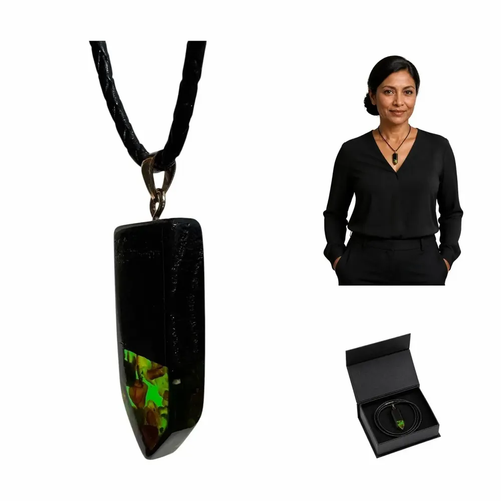 Jewelry - Bog Oak & Baltic Amber Pendant – Rectangle, 45x20x6 mm – green resin - GLASS4CANDLES