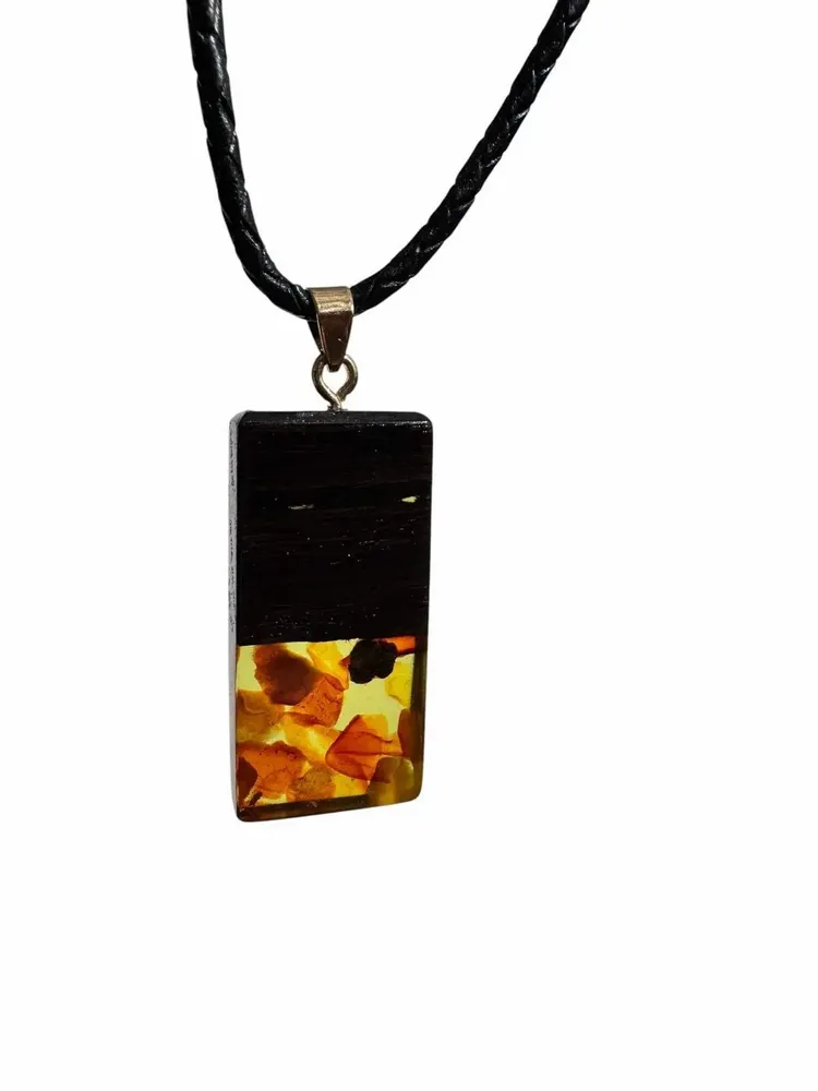 Jewelry - Bog Oak & Amber Pendant – Rectangle, 40x20x6 mm – Olive Monolith Bar - GLASS4CANDLES