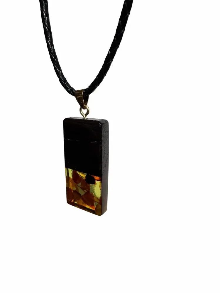 Jewelry - Bog Oak & Amber Pendant – Rectangle, 40x20x6 mm – Olive Monolith Bar - GLASS4CANDLES