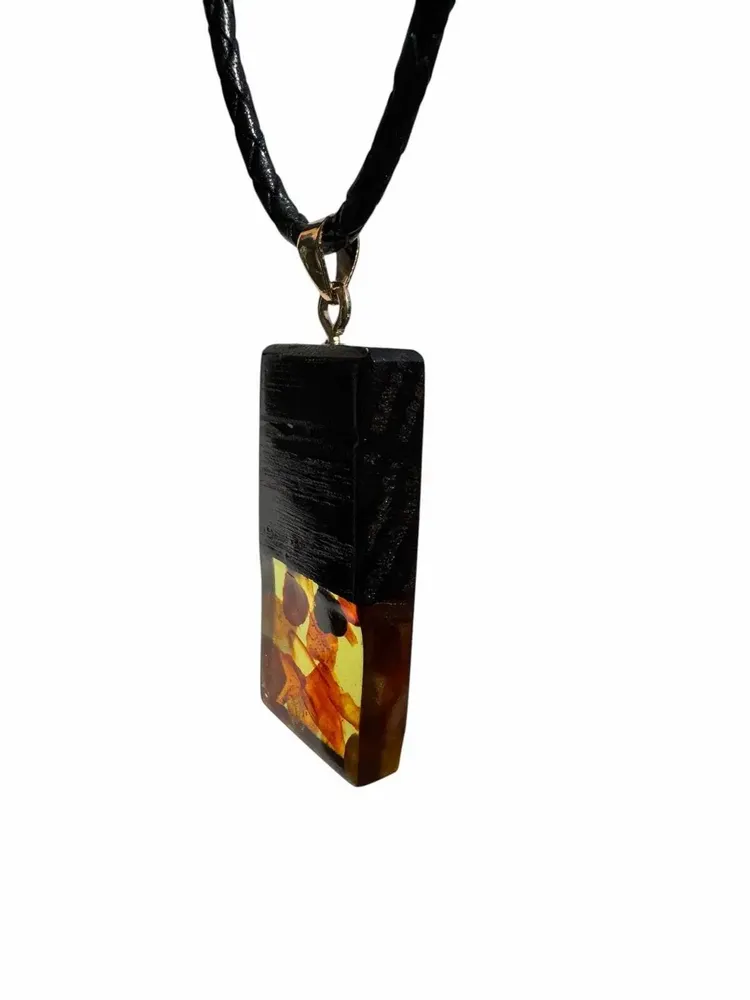Jewelry - Bog Oak & Amber Pendant – Rectangle, 40x20x6 mm – Olive Monolith Bar - GLASS4CANDLES