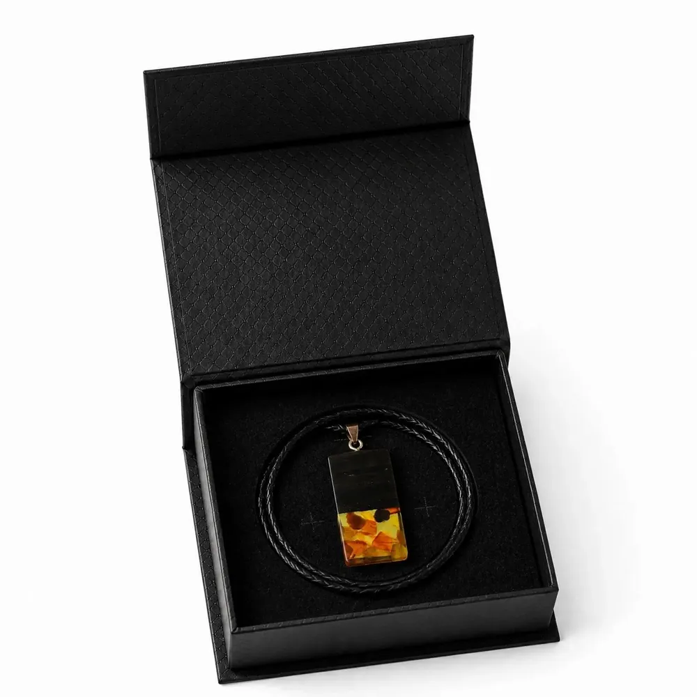 Jewelry - Bog Oak & Amber Pendant – Rectangle, 40x20x6 mm – Olive Monolith Bar - GLASS4CANDLES