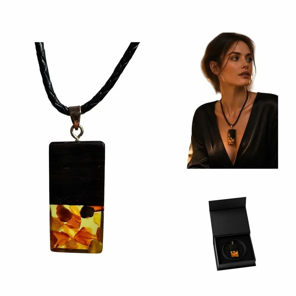 Jewelry - Bog Oak & Amber Pendant – Rectangle, 40x20x6 mm – Olive Monolith Bar - GLASS4CANDLES