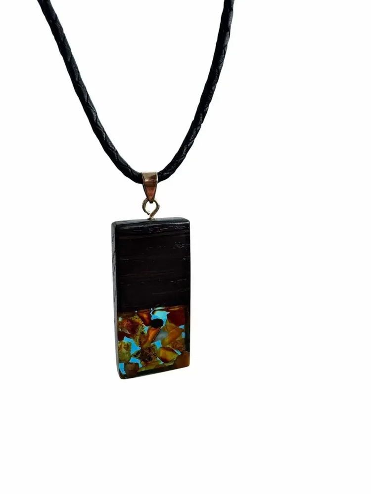 Jewelry - Bog Oak & Baltic Amber Pendant – Rectangle – Turquoise Monolith Bar - GLASS4CANDLES