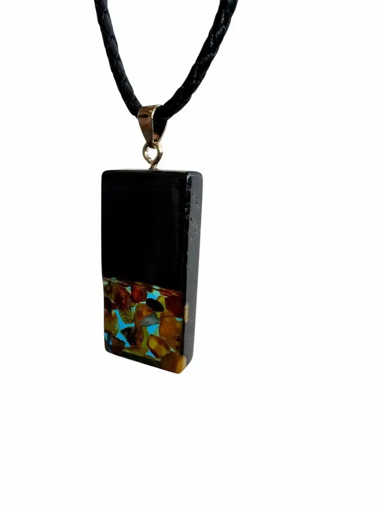 Jewelry - Bog Oak & Baltic Amber Pendant – Rectangle – Turquoise Monolith Bar - GLASS4CANDLES
