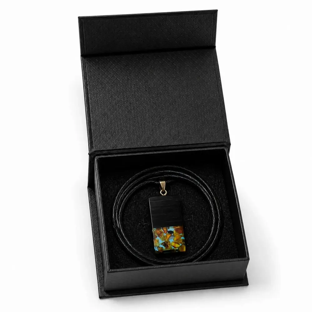 Jewelry - Bog Oak & Baltic Amber Pendant – Rectangle – Turquoise Monolith Bar - GLASS4CANDLES