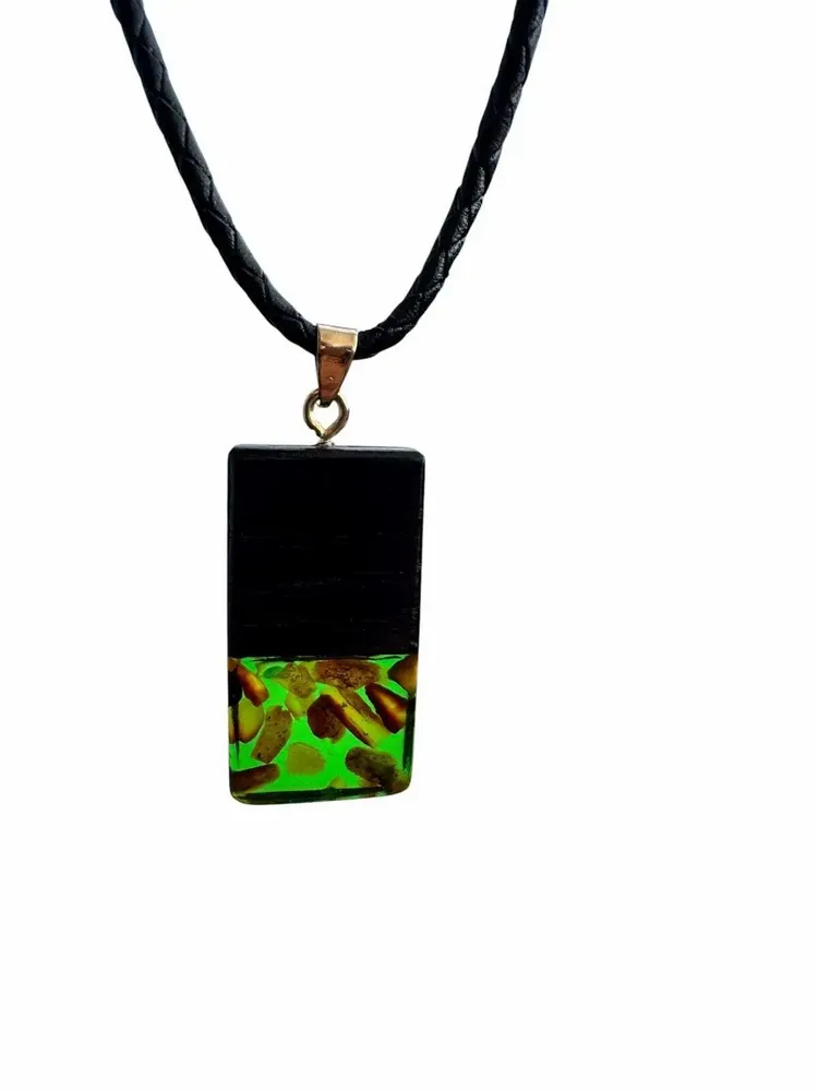 Jewelry - Bog Oak & Amber Pendant – Rectangle, 40x20x6 mm – Green Monolith Bar - GLASS4CANDLES
