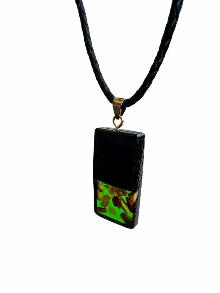 Jewelry - Bog Oak & Amber Pendant – Rectangle, 40x20x6 mm – Green Monolith Bar - GLASS4CANDLES