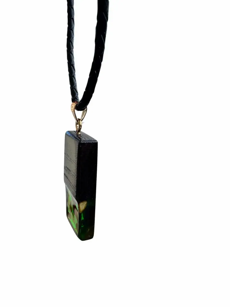 Jewelry - Bog Oak & Amber Pendant – Rectangle, 40x20x6 mm – Green Monolith Bar - GLASS4CANDLES