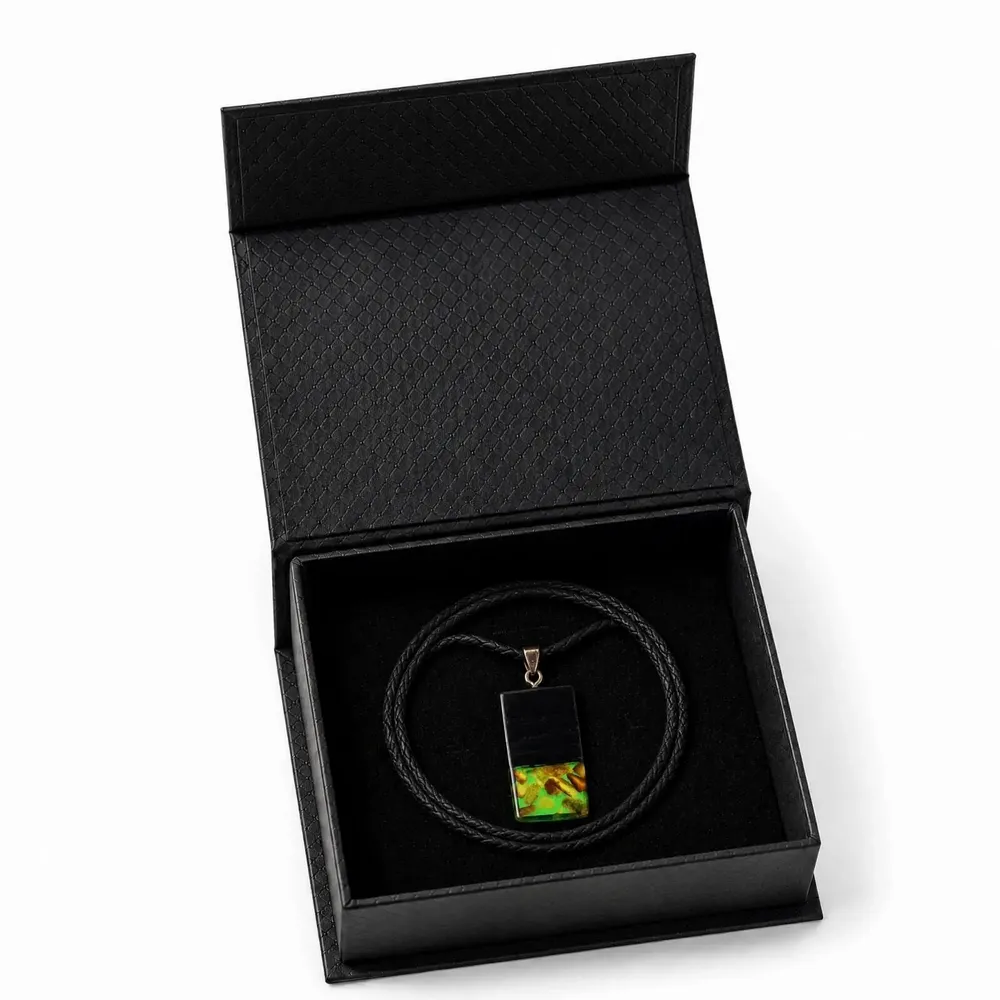 Jewelry - Bog Oak & Amber Pendant – Rectangle, 40x20x6 mm – Green Monolith Bar - GLASS4CANDLES