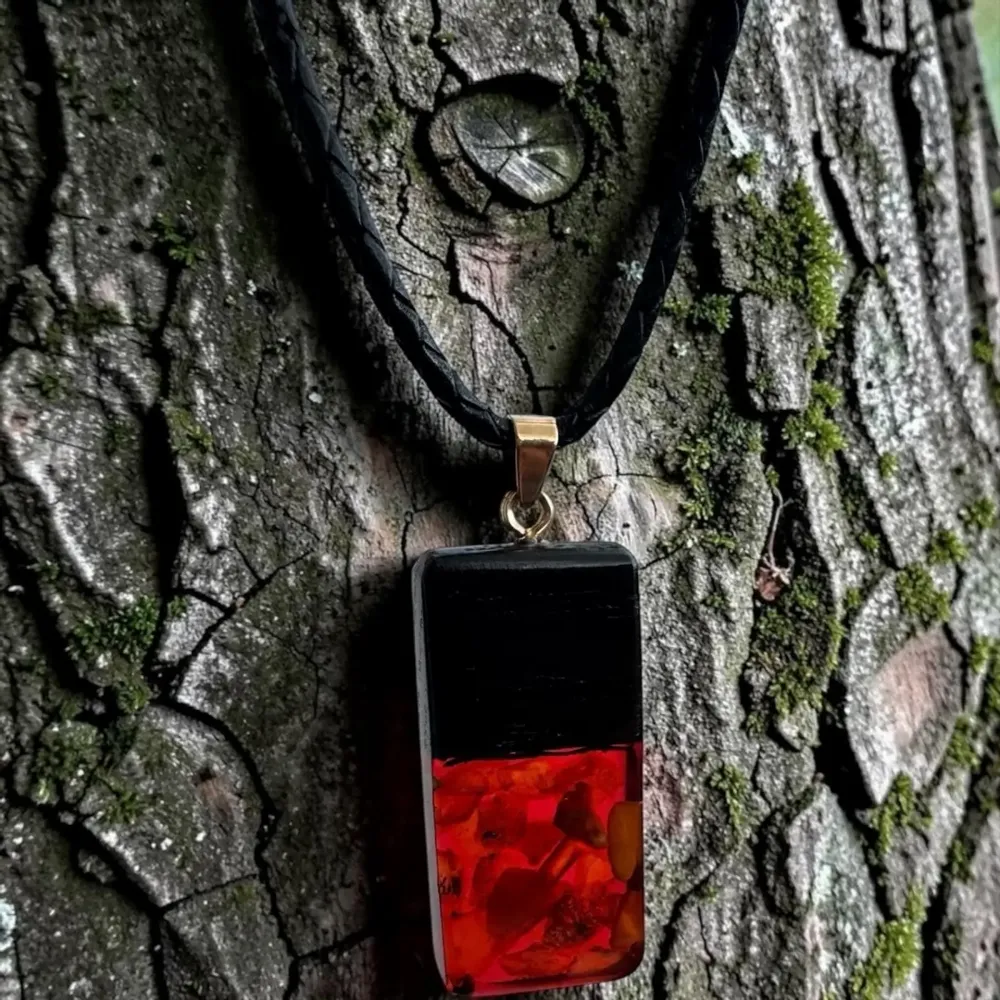 Jewelry - Bog Oak & Baltic Amber Pendant – Rectangle – Baltic Ember Monolith - GLASS4CANDLES
