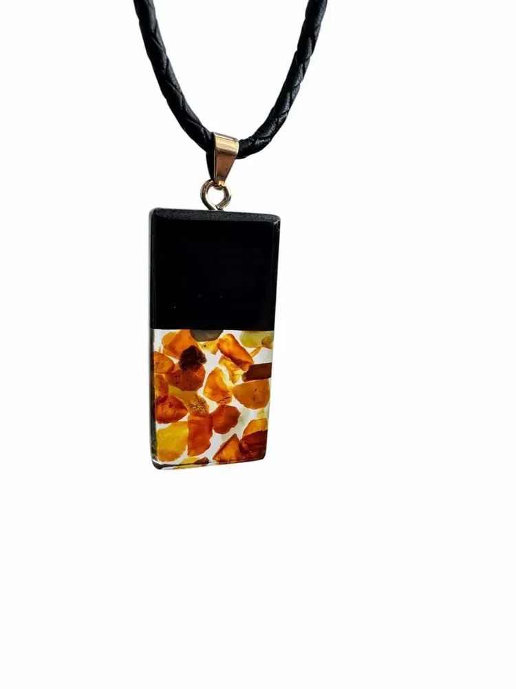 Jewelry - Bog Oak & Amber Pendant – Rectangle, 40x20x6 mm – Clear Monolith Bar - GLASS4CANDLES