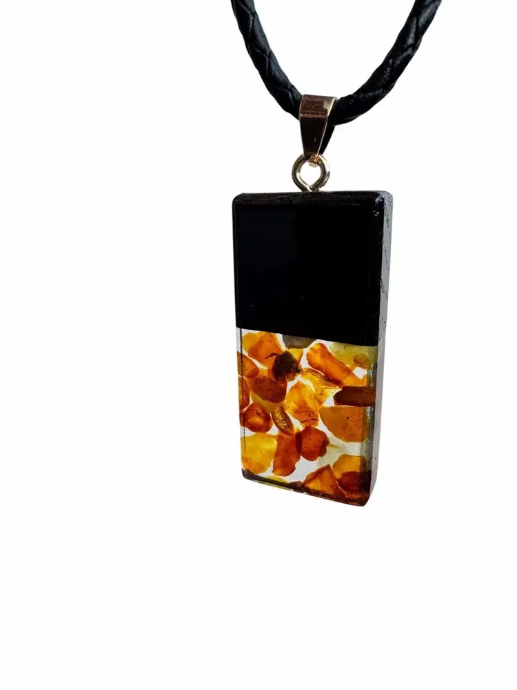 Jewelry - Bog Oak & Amber Pendant – Rectangle, 40x20x6 mm – Clear Monolith Bar - GLASS4CANDLES