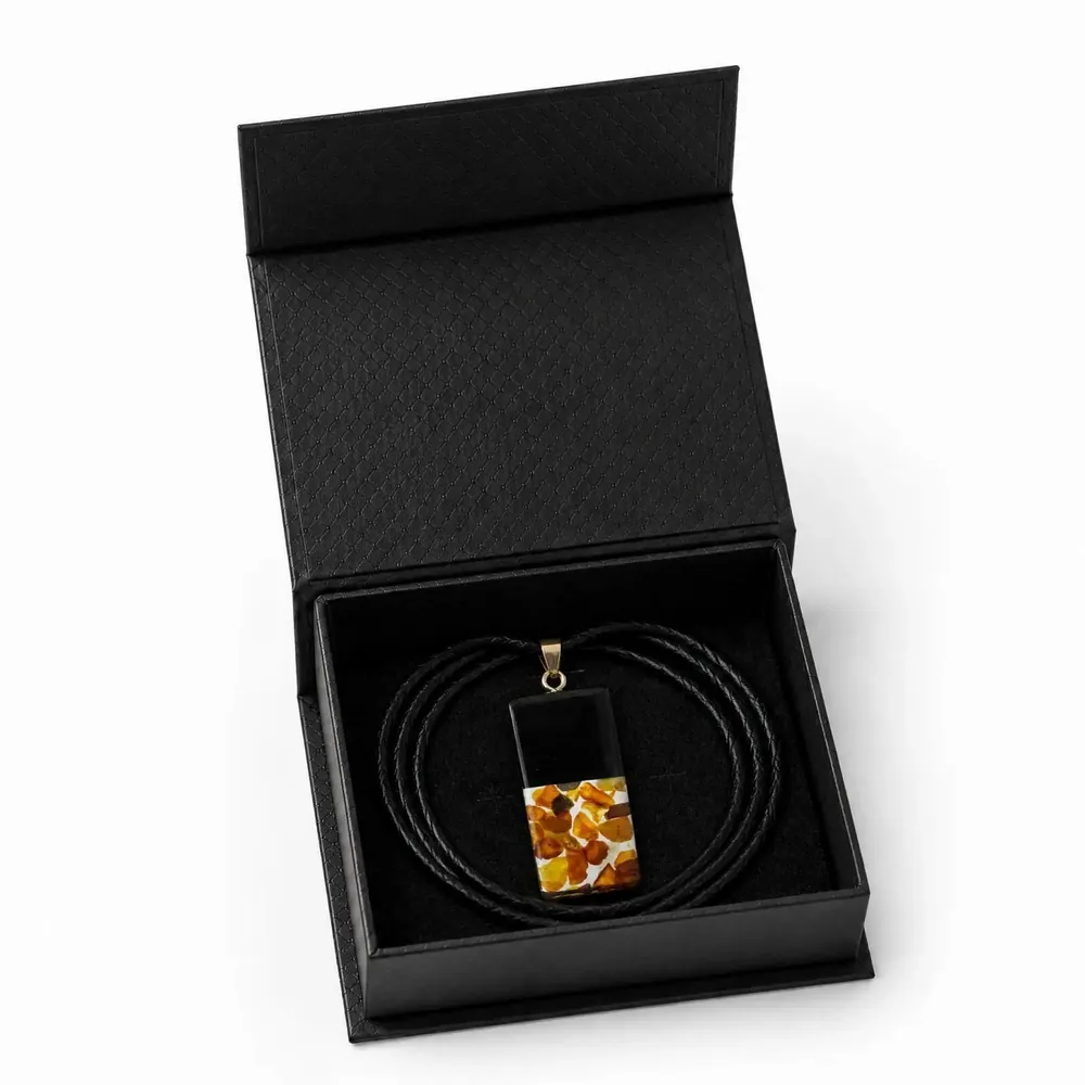 Jewelry - Bog Oak & Amber Pendant – Rectangle, 40x20x6 mm – Clear Monolith Bar - GLASS4CANDLES