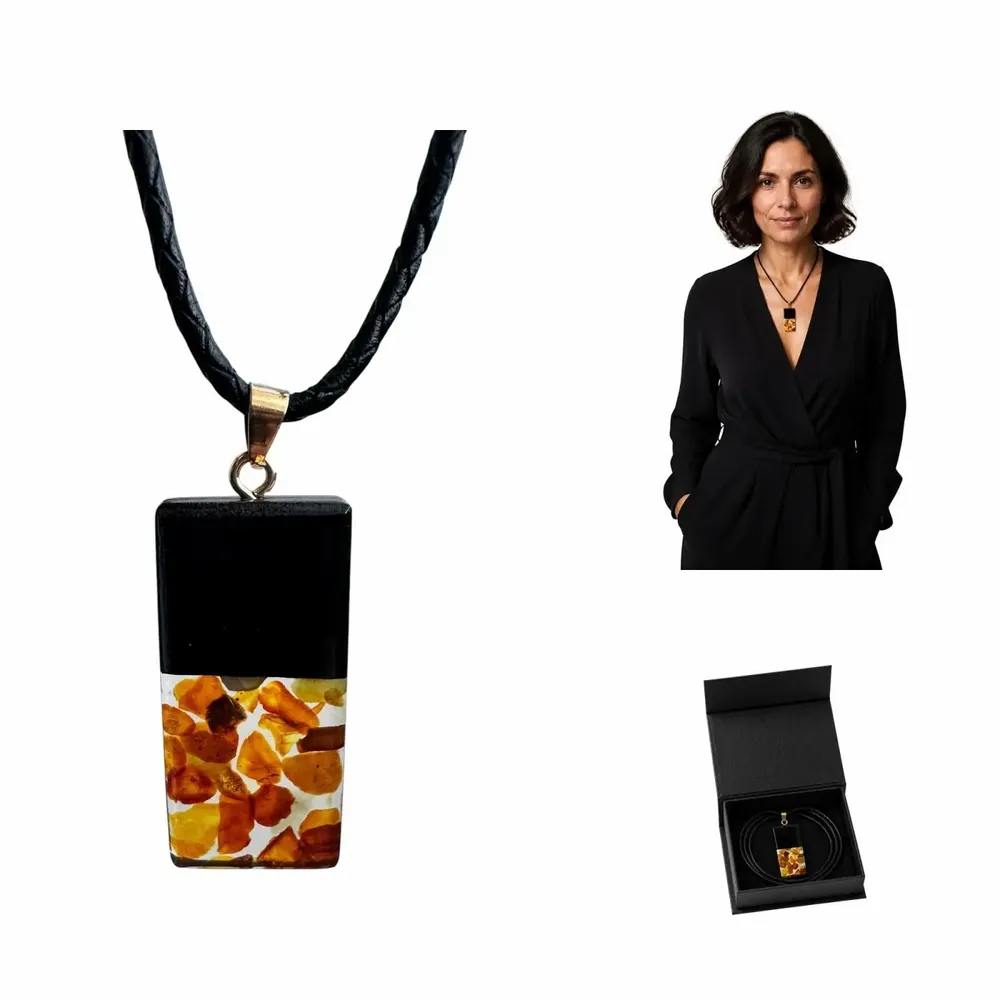Jewelry - Bog Oak & Amber Pendant – Rectangle, 40x20x6 mm – Clear Monolith Bar - GLASS4CANDLES