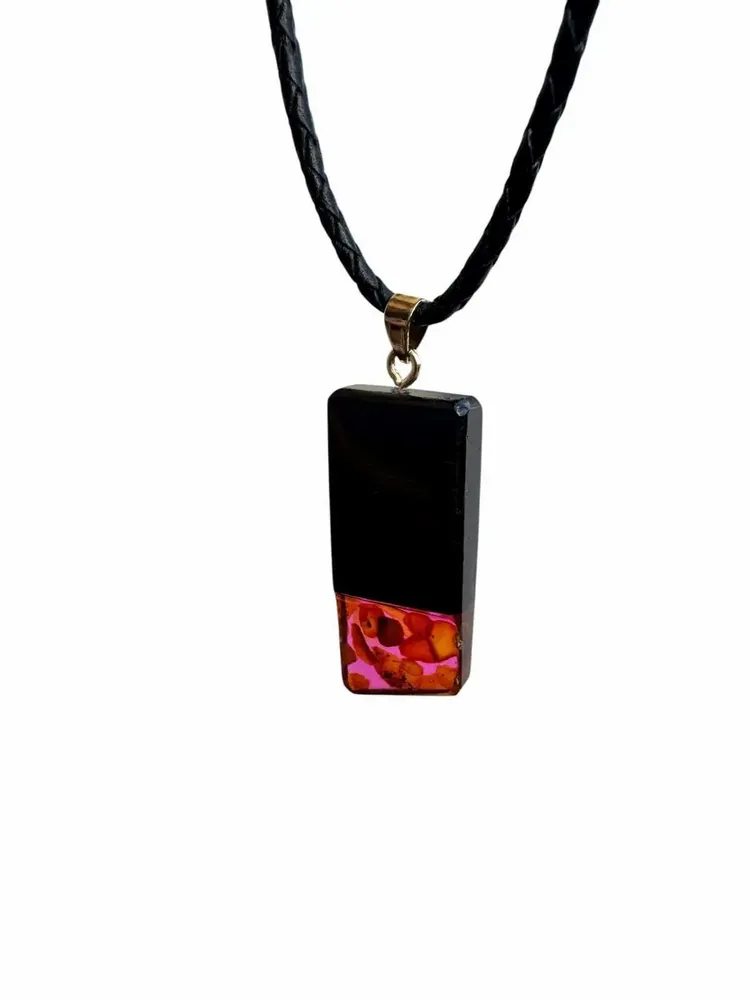 Jewelry - Bog Oak & Amber Pendant – Rectangle, 43x20x6 mm – Fuchsia Facet Bar - GLASS4CANDLES