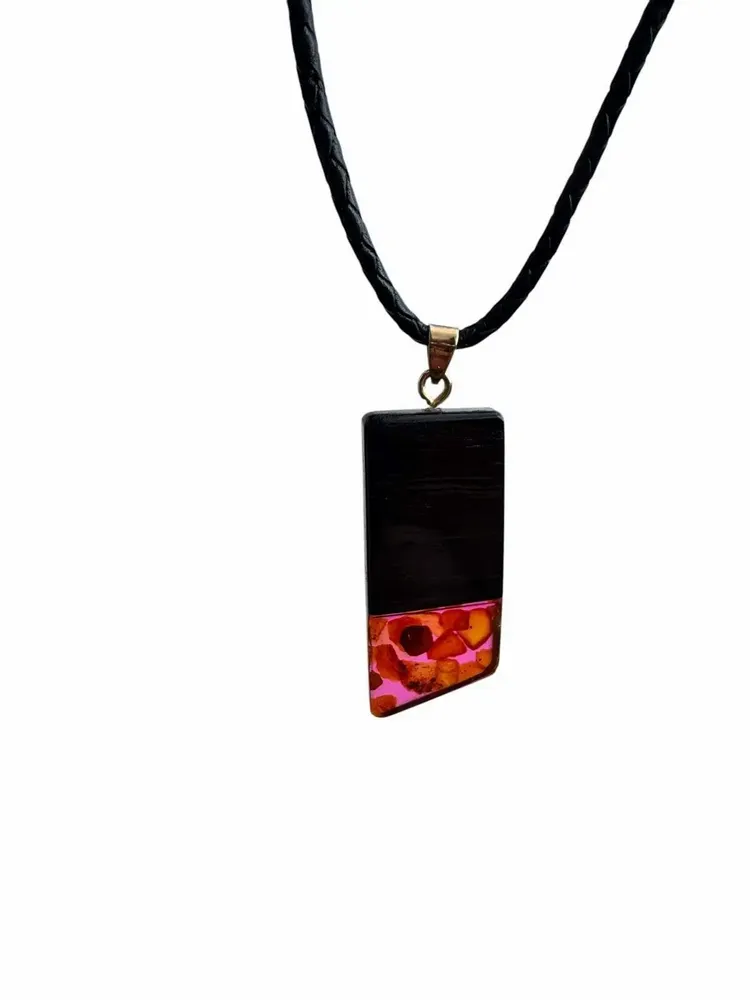 Jewelry - Bog Oak & Amber Pendant – Rectangle, 43x20x6 mm – Fuchsia Facet Bar - GLASS4CANDLES