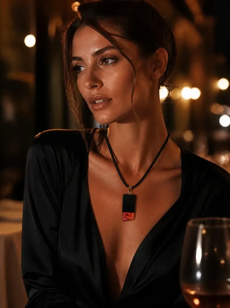 Jewelry - Bog Oak & Amber Pendant – Rectangle, 43x20x6 mm – Fuchsia Facet Bar - GLASS4CANDLES