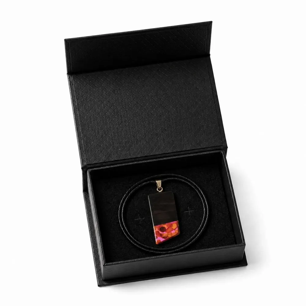 Jewelry - Bog Oak & Amber Pendant – Rectangle, 43x20x6 mm – Fuchsia Facet Bar - GLASS4CANDLES