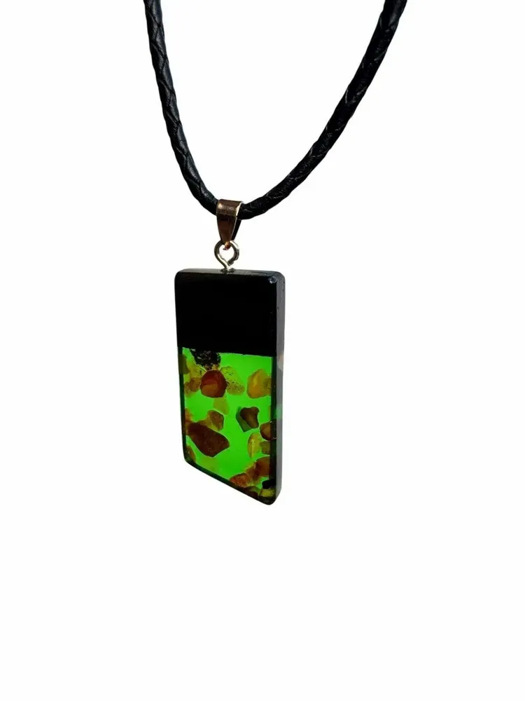 Jewelry - Bog Oak & Amber Pendant – Rectangle, 43x20x6 mm – Green Facet Bar - GLASS4CANDLES