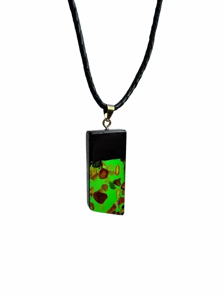 Jewelry - Bog Oak & Amber Pendant – Rectangle, 43x20x6 mm – Green Facet Bar - GLASS4CANDLES