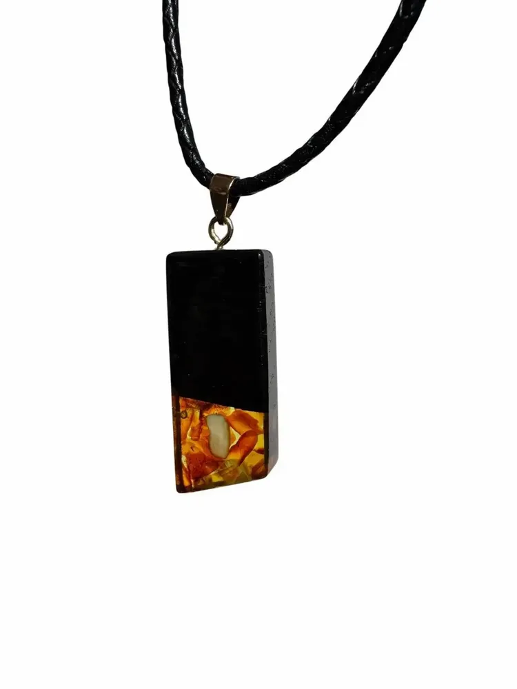 Jewelry - Bog Oak & Amber Pendant – Rectangle, 43x20x6 mm – Olive Facet Bar - GLASS4CANDLES
