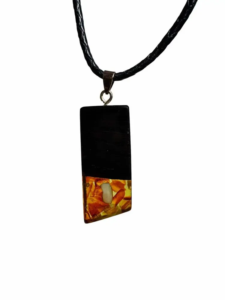 Jewelry - Bog Oak & Amber Pendant – Rectangle, 43x20x6 mm – Olive Facet Bar - GLASS4CANDLES