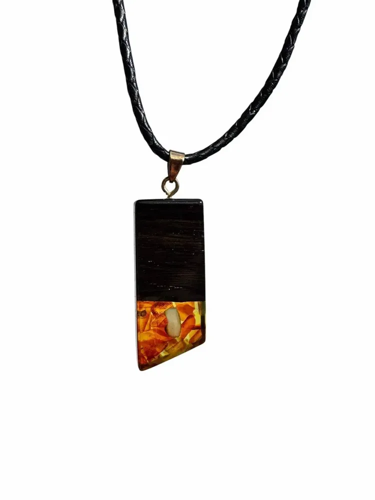 Jewelry - Bog Oak & Amber Pendant – Rectangle, 43x20x6 mm – Olive Facet Bar - GLASS4CANDLES