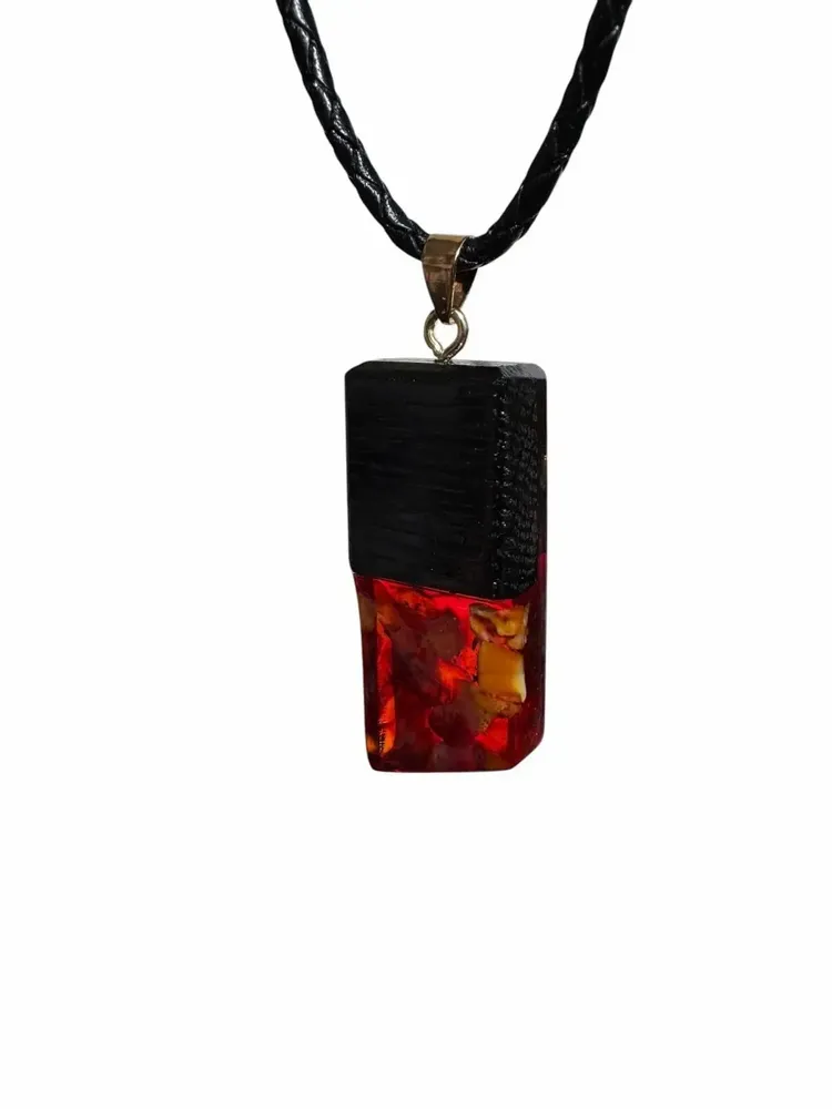 Jewelry - Bog Oak & Amber Pendant – Rectangle, 43x20x6 mm – Baltic Ember Facet - GLASS4CANDLES
