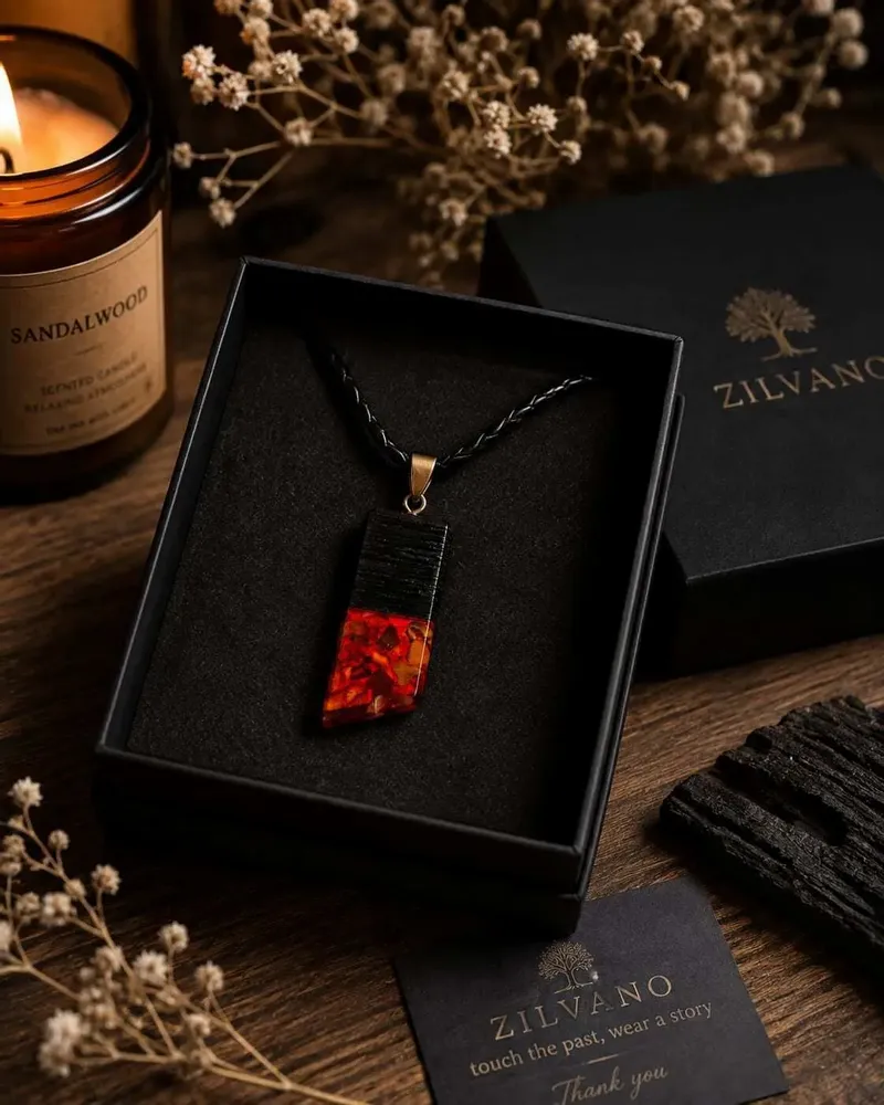 Jewelry - Bog Oak & Amber Pendant – Rectangle, 43x20x6 mm – Baltic Ember Facet - GLASS4CANDLES
