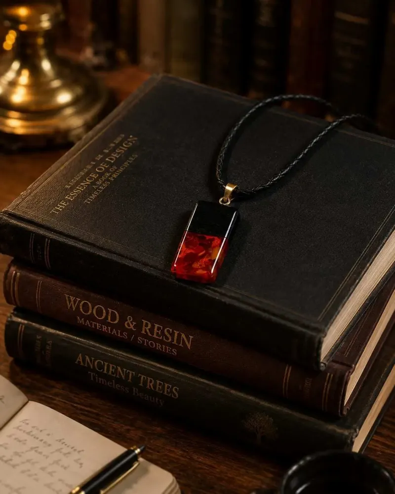 Jewelry - Bog Oak & Amber Pendant – Rectangle, 43x20x6 mm – Baltic Ember Facet - GLASS4CANDLES