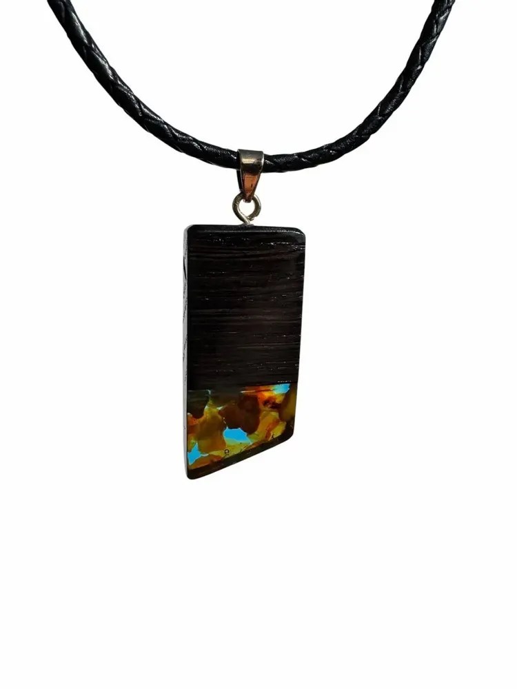 Jewelry - Bog Oak & Amber Pendant – Rectangle, 43x20x6 mm – Turquoise Facet Bar - GLASS4CANDLES
