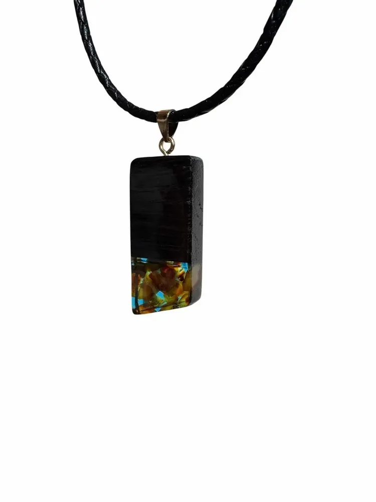 Jewelry - Bog Oak & Amber Pendant – Rectangle, 43x20x6 mm – Turquoise Facet Bar - GLASS4CANDLES