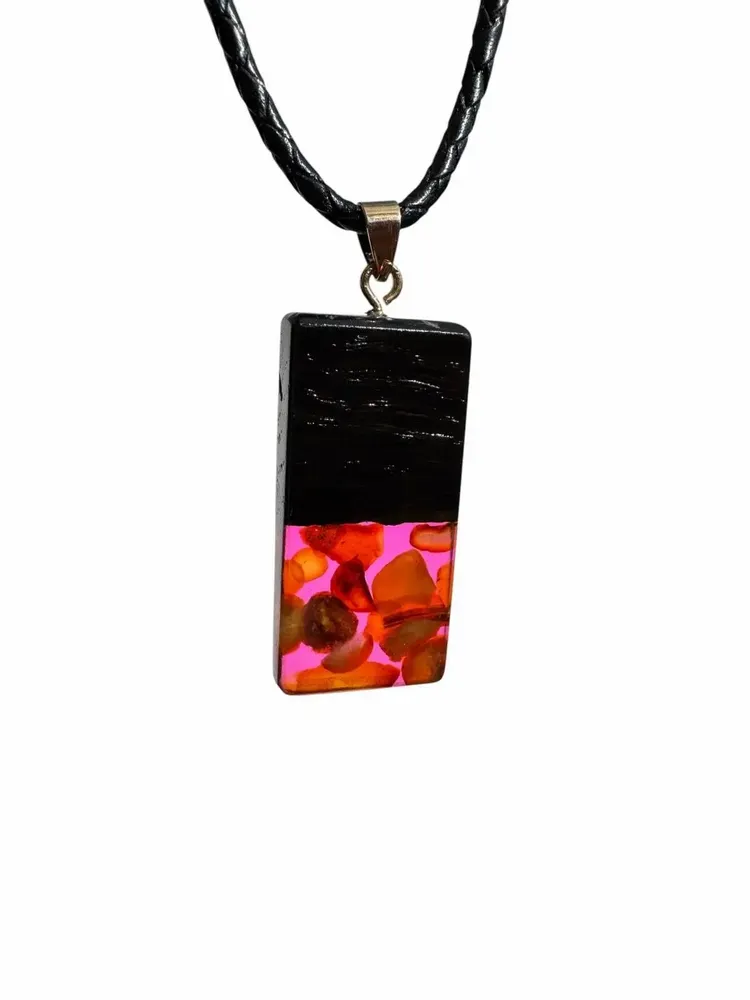 Jewelry - Bog Oak & Amber Pendant – Rectangle, 40x20x6 mm – Fuchsia Monolith Bar - GLASS4CANDLES