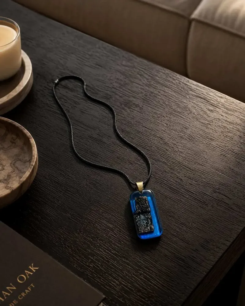 Jewelry - Bog Oak & Resin Pendant Necklace – Rectangle – Blue Rectangle - GLASS4CANDLES