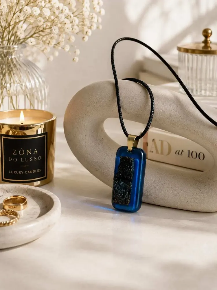 Jewelry - Bog Oak & Resin Pendant Necklace – Rectangle – Blue Rectangle - GLASS4CANDLES