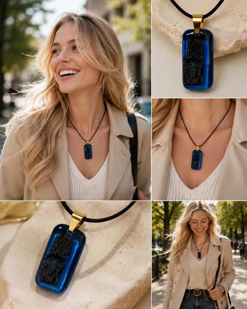 Jewelry - Bog Oak & Resin Pendant Necklace – Rectangle – Blue Rectangle - GLASS4CANDLES