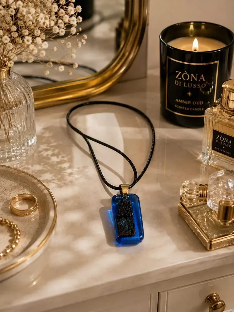Jewelry - Bog Oak & Resin Pendant Necklace – Rectangle – Blue Rectangle - GLASS4CANDLES